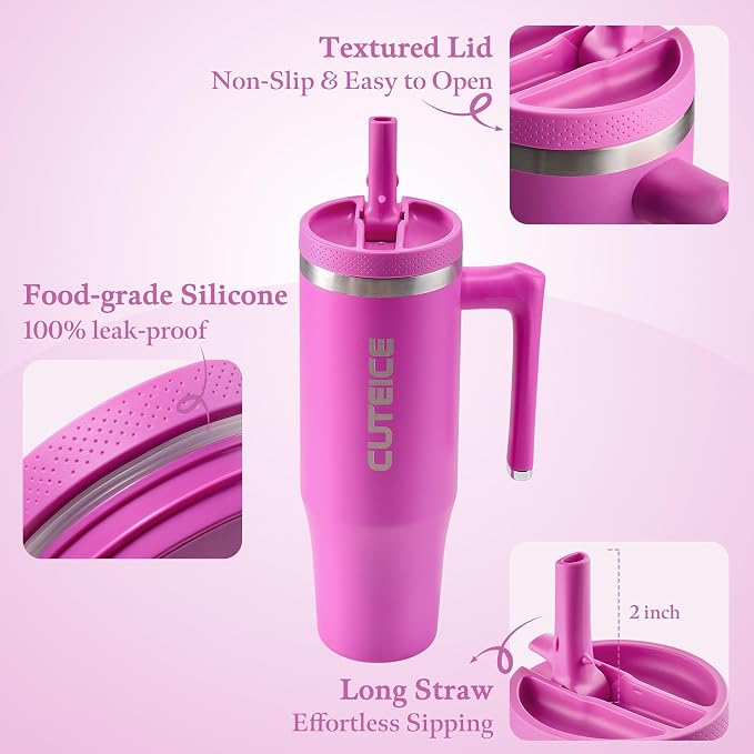 30 oz Water Bottle with Handle and Flip Straw, Coffee Travel Mug with Lids, Fits in Cup Holder Leak Resistant Tumbler Insulated Stainless Steel Gifts for Women Rose Purple Dark Blossom