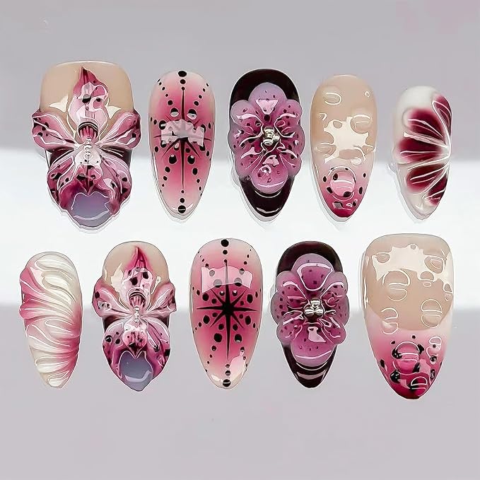 30Pcs 3D Flower Press On Nails Medium Almond Fake Nails Purple Pink Nude Gradient Acrylic Nails with Rhinestones Designs French Tip False Nails Full Cover Summer Floral Artificial Nails for Women