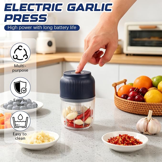 Electric Garlic Chopper, Mini Portable Veggie Chopper Garlic Grinder Masher Onion Chopper, Rechargeable Cordless Food Processor & Food Chopper for Garlic Onion Ginger Chili Vegetables, 400ml (Blue)
