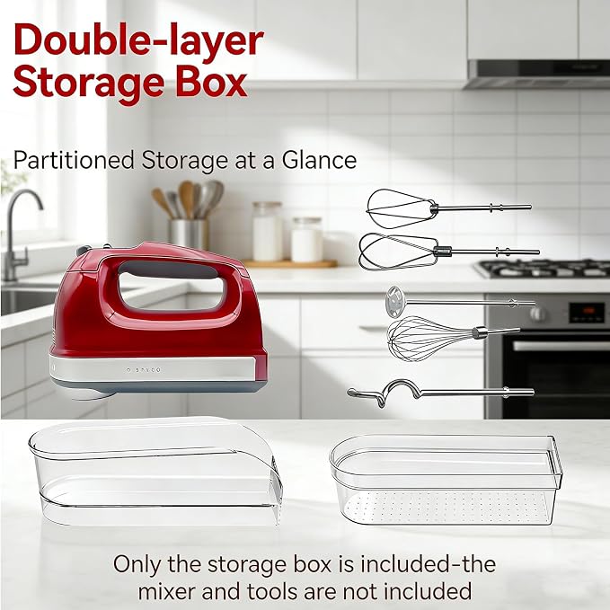 Clear Hand Mixer Storage Case - 2-Layer Acrylic Kitchen Organizer and Countertop Holder for Kitchen Aid & Other Hand Mixers, Utensils, Whisks, and Mixing Accessories - Dustproof, Space Saving
