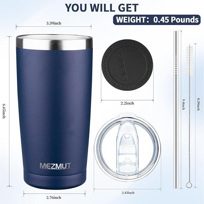 MEZMUT 20oz Insulated Tumbler Travel Coffee Mug with Lid(Navy Blue,6 Pack) | 18/8 Stainless Steel Double Wall Vacuum Spill Proof Metal Tumbler Bulk with Lid and Straw, Hot or Iced Coffee Cup