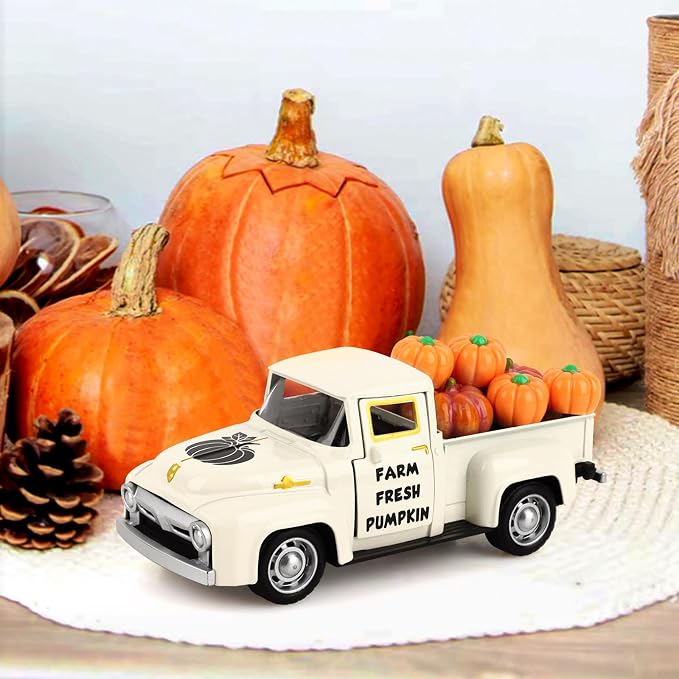 Hooqict Fall Pumpkin Truck Thanksgiving Decor with 8 Pumpkins Mini Metal Truck Vintage Pickup Car Model for Fall Autumn Harvest Thanksgiving Table Decorations Kitchen Farmhouse Tiered Tray Decor