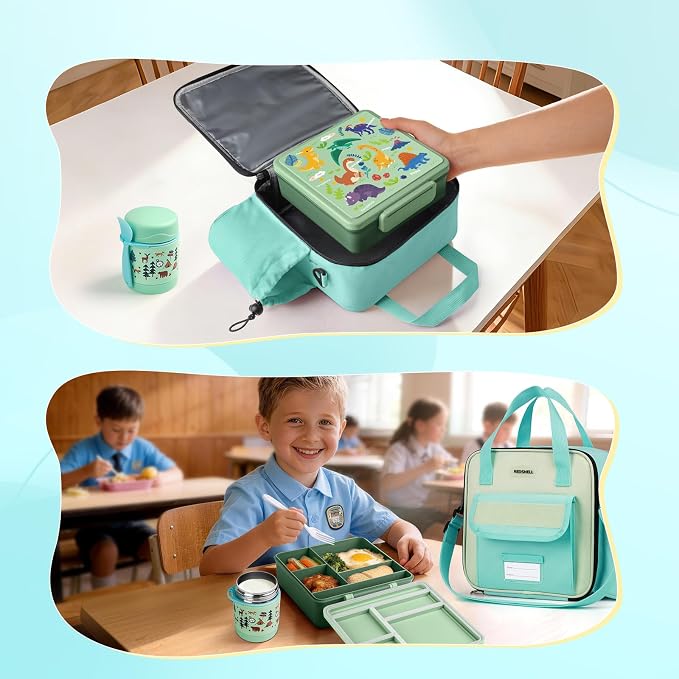 REDSHELL Kids Bento Lunch Box Set, Insulated Lunch Bag for Girls, Green | Toddler 5-Compartment Lunchbox, Leakproof Food Jar, Snack Container, School Daycare, Bottle Holder, Adjustable Shoulder Strap