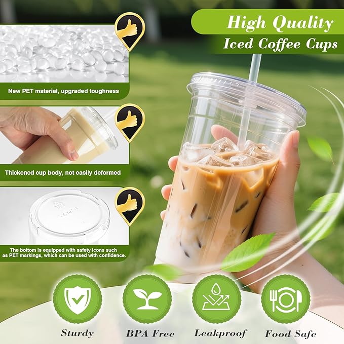 Ginkgo 32 oz Clear Plastic Cups with Lids and Jumbo Straws | Leak-Proof & Sturdy Disposable To Go Iced Coffee Cups for Smoothie, Boba Milk Tea - 50 Pack