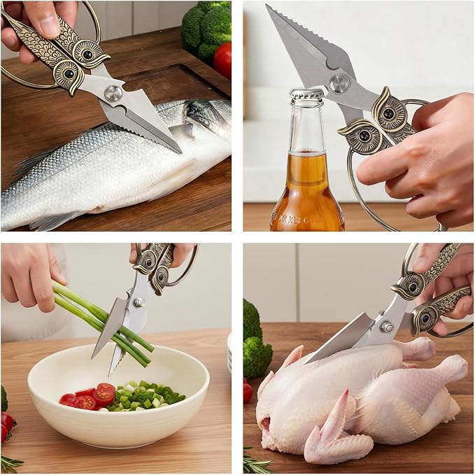 XSNBRD Kitchen Scissors Heavy Duty, Golden Stainless Steel Owl Shears Large | Golden finish,3.5mm stainless steel,multi-purpose shears for meat, herbs & vegetables,ergonomic design,great Kitchen gift.