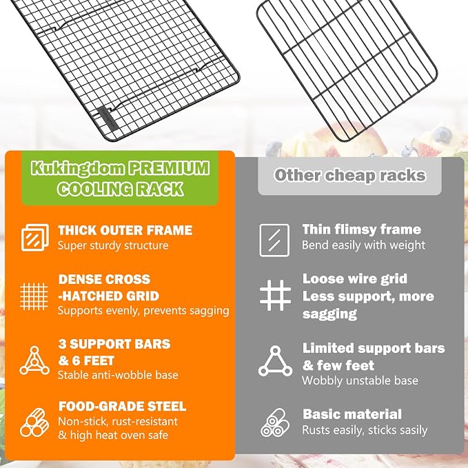 Cooling Rack,Heavy Duty 16.5'' x 11.8'' Wire Rack for Cooking and Baking | Fits Half Sheet Pans,Dense Cross-Hatched Grid,Thick Frame,for Baking Cookies,Cakes,Bread,Roasting and Oven Cooking-Black