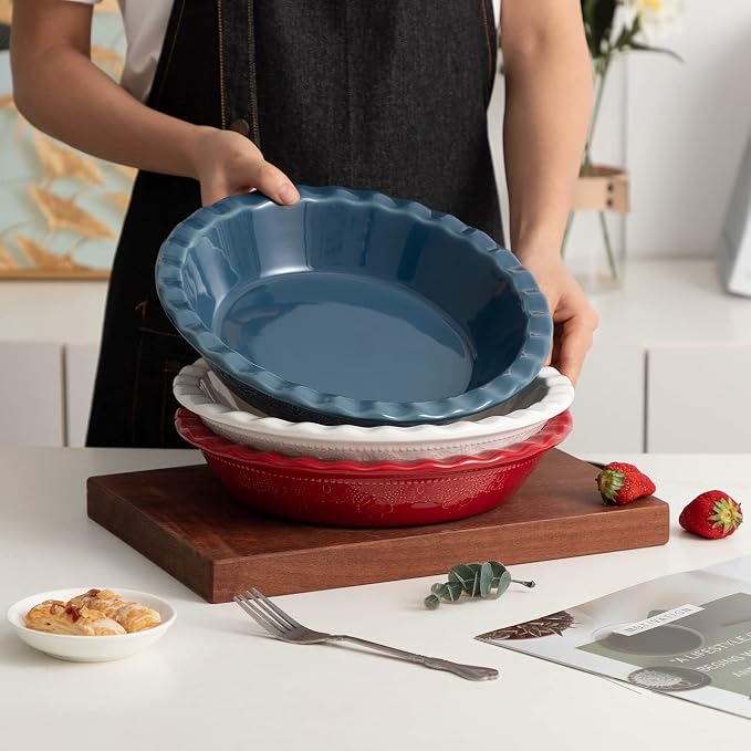 Pie Pan, 9 Inch Ceramic Pie Dish, Deep Dish Pie Pan with Lace Emboss, Ruffled Pie Plate for Baking, Thanksgiving Christmas Gifts, Set of 2, Blue