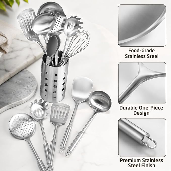 Pleafind Cooking Utensils Set - 9 PCS Stainless Steel Kitchen Utensils Set with Utensil Holder, Heat Resistant Wok Utensils Set, Kitchen Tools Set with Spatula, Ladle, Slotted Spoon, Dishwasher Safe