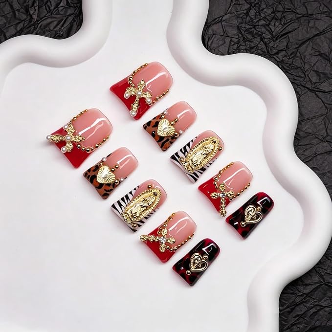 Short Duckbill Press on Nails Handmade False Nails Red French Tips Stick on Nail with Rhinestones & 3D Heart Designs Hand Made Press on Nails Muti-Layer Gel Artificial Acrylic Nail for Women（M)