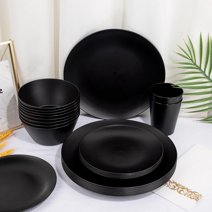 32pc Reusable Black Wheat Straw Dinnerware Sets Black Dishes for 8 | Unbreakable dishes set includes plates, bowls, cups, and napkins. Lightweight, stackable, and dishwasher safe for outdoor use