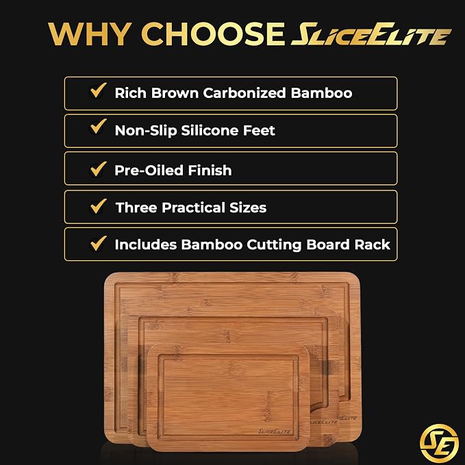 SliceElite Rich Brown Carbonized Bamboo Cutting Board Set 3 Piece Kitchen Boards with Deep Juice Groove Non Slip Silicone Feet Space Saving Rack Stand for Chopping Serving Meal Prep and Charcuterie