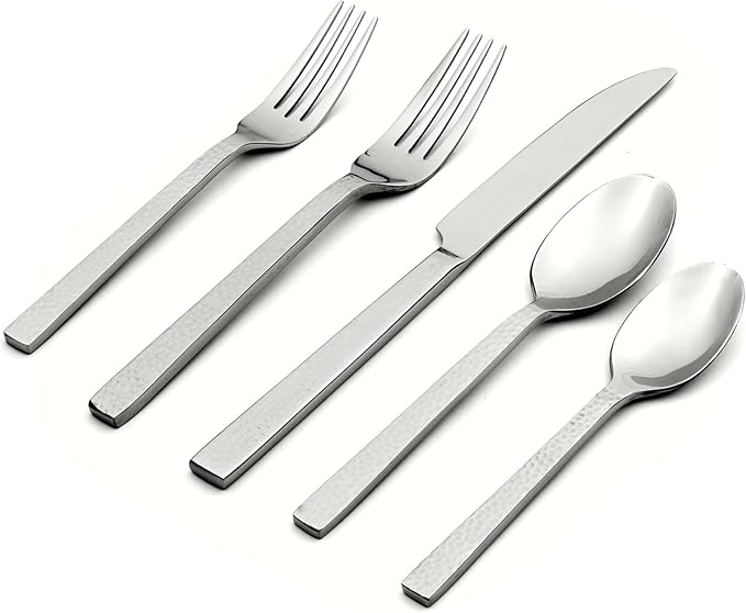 Oneida Chefs Table Hammered 45 Piece Everyday Flatware Set, Service for 8, 18/0 Stainless Steel,Silverware Set | silver, dishwasher safe | includes serving spoons and utensil set | cutlery set for kitchen and dining