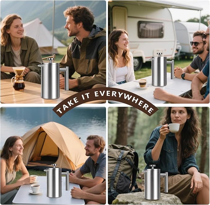 French Press 24 oz, Premium Stainless Steel French Press Coffee Maker 2 cup | Double Wall Insulated Coffee Presses, 304 Food Grade Stainless Body, Ideal for Camping Travel Home, Non Toxic, No Plastic