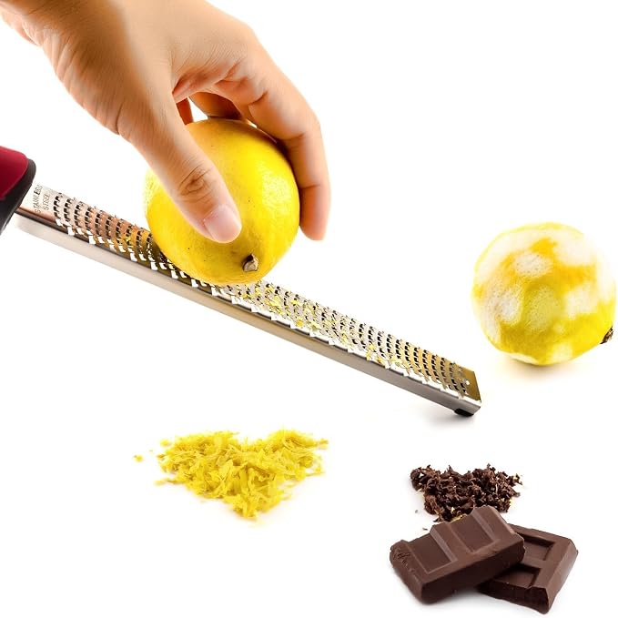 8-Inch Lemon Zester & Cheese Grater, 18/8 Stainless Steel, Black | Fine 18/8 Stainless Steel Blade for Citrus, Parmesan, Ginger and Garlic, Soft Non-slip Handle, Cover, Dishwasher Safe