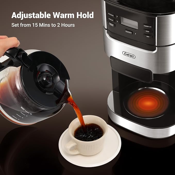 Gevi 10-Cup Grind-And-Brew Drip Coffee Maker with Built-In Burr Grinder | Programmable Timer, 1.5L Water Tank, 2-Hour Auto Keep-Warm, Durable Reusable Permanent Filter for Daily Coffee Brewing