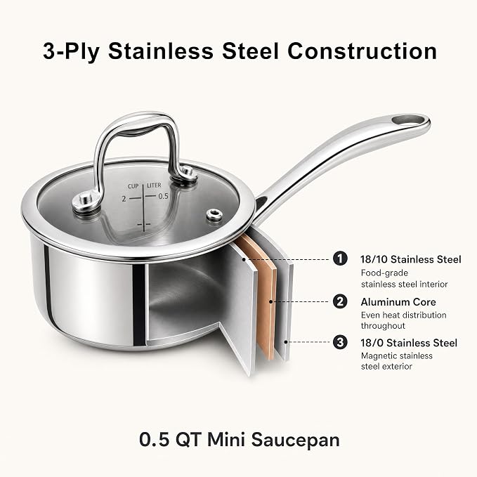 Mini Sauce Pan with Lid, Tri-Ply Stainless Steel Pot with Stay-Cool Handle & All Cooktop Compatibility (Gas, Ceramic, Electric) - 0.5 Quart