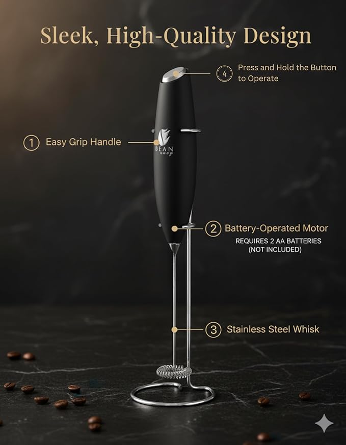 Bean Envy Milk Frother Handheld - Coffee Mixer Wand with Stand - Black | Battery Operated, Stainless Steel Whisk, 19000 RPM, Protein Powder Blender, Electric Stirrer, Mini Foamer