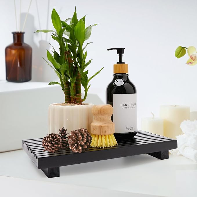 Bathroom Counter Trays Organizer Wooden Display Pedestal Kitchen Soap Dish | Countertop Trays Black Farmhouse Wood Riser Soap Dispenser Holder for Bathroom Decor Kitchen Sink Accessories Vanity Tray