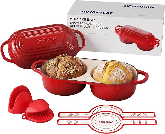 Mini Double Dutch Oven for Sourdough, Enameled Cast Iron Bread Pan, Red | Double Loaf Bread Pan with Lid, Mini Sourdough Dutch Oven for Bread Baking