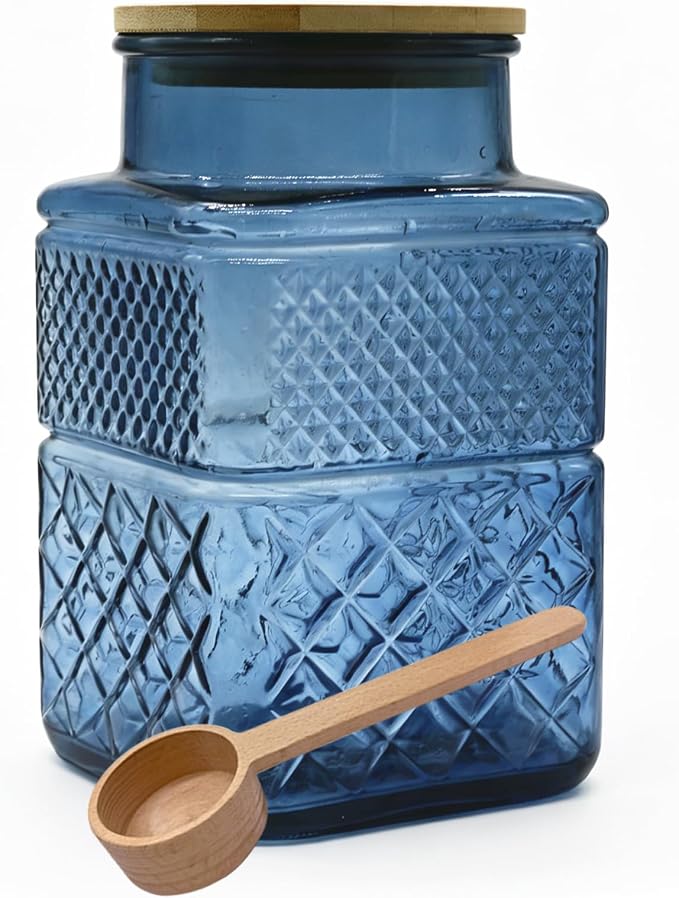Viovian 60oz Square Glass Jar with Airtight Lid Blue Glass Storage Jars with Scoop,Vintage Glass Coffee Canister for Food Nuts
