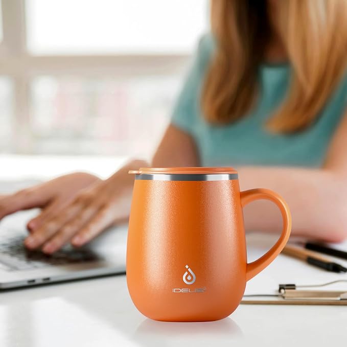 Ideus 16 oz Insulated Coffee Mug with Handle and Lid, Double Wall Stainless Steel Vacuum Thermal Coffee Mug, Travel Coffee Cup Thermal Cup for Home and Office, Orange Tiger