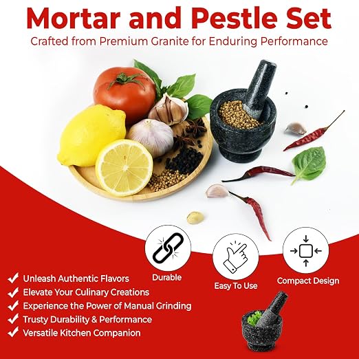 Small Granite Mortar and Pestle Set, Miniature Grinder for Herbs, Asian Spices and Seeds for Thai, Chinese, Indian Cuisine Chefs and Home Cooks — (Grey 3 in, 2 oz.)