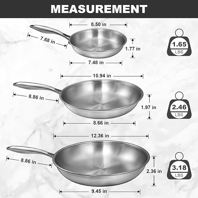 EWFEN Tri-Ply Stainless Steel Frying Pans Set, 8”/10”/12” Cooking pans, PFOA&PTFE Free Skillet, Induction Cooking Pan, Dishwasher and Oven Safe, Fast & Even Heat, Heavy Duty and Detachable Handle