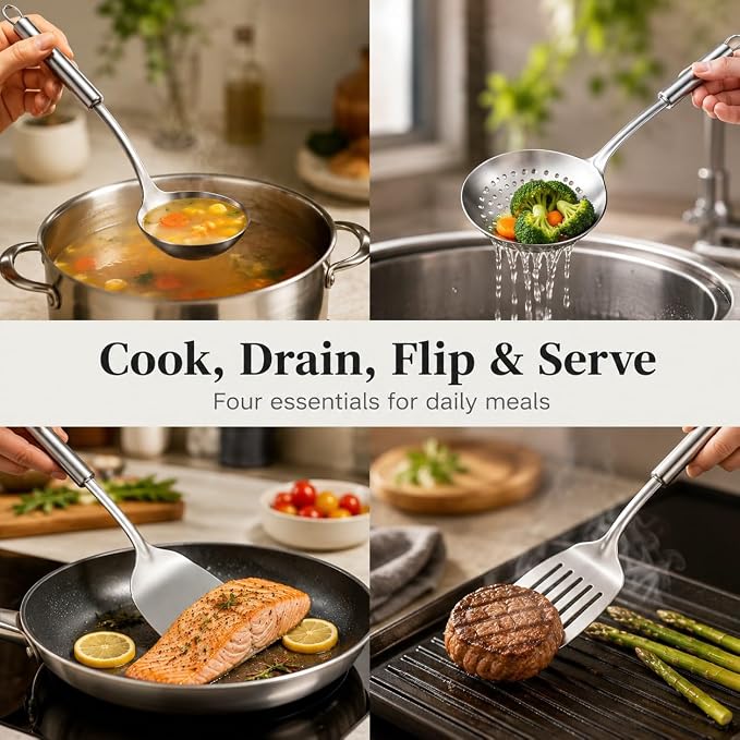 Pleafind Cooking Utensils Set - 4 Pcs Stainless Steel Kitchen Utensils Set with Solid Turner, Slotted Turner, Serving Ladle, Slotted Spoon, Wok Utensils Set with Heat Resistant Handle, Dishwasher Safe