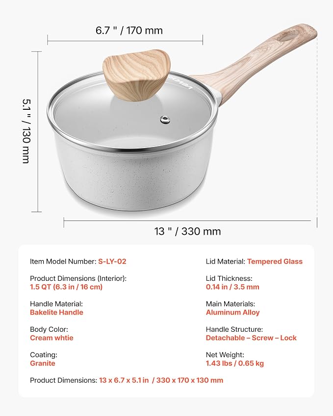 VEVOR 1.5 QT Saucepan, Nonstick Saucepan with Tempered Glass Lid, Multipurpose Cooking Sauce Pot with Detachable Handle, Sauce Pan Small Kitchen Cooking Pot with Coating, Induction Compatible, White
