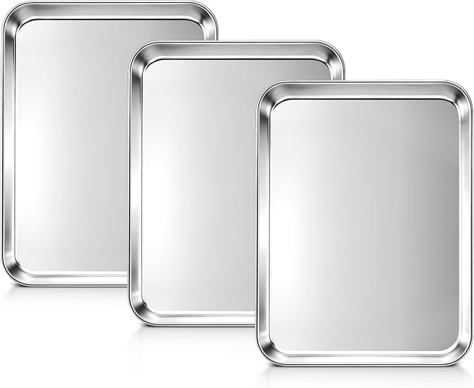 LIANYU Stainless Steel Tray for Baking, 10.2x7.9 Small Cookie Baking Sheet | 3PCS Metal Cooking Sheet Tray for Oven, Rust Free & Mirror Finish, Dishwasher Safe, Heavy Duty, Rust Resistant, No Coating