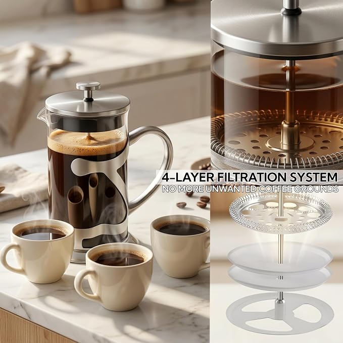 Stainless Steel French Press Coffee Maker 1L, 34oz Heat Resistant Borosilicate Glass Coffee Press with Coffee Measuring Spoon, Manual Brewer for Coffee and Tea