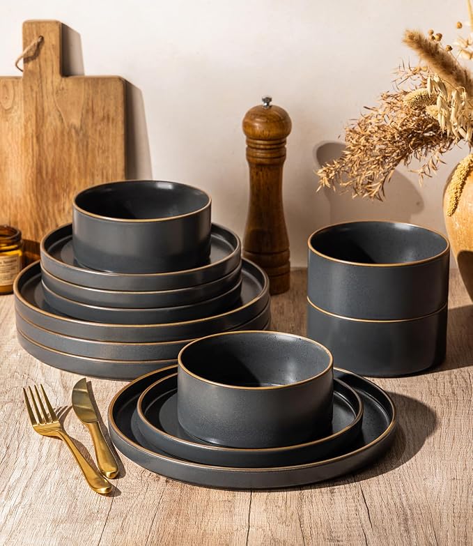 LERATIO Stoneware Dinnerware Sets for 4,12-Piece Matte Plates and Bowls Set | Handmade High Edge Rim Dish Set,Oven & Microwave,Dishwasher Safe,Scratch Resistant-Ashen Gold Rim