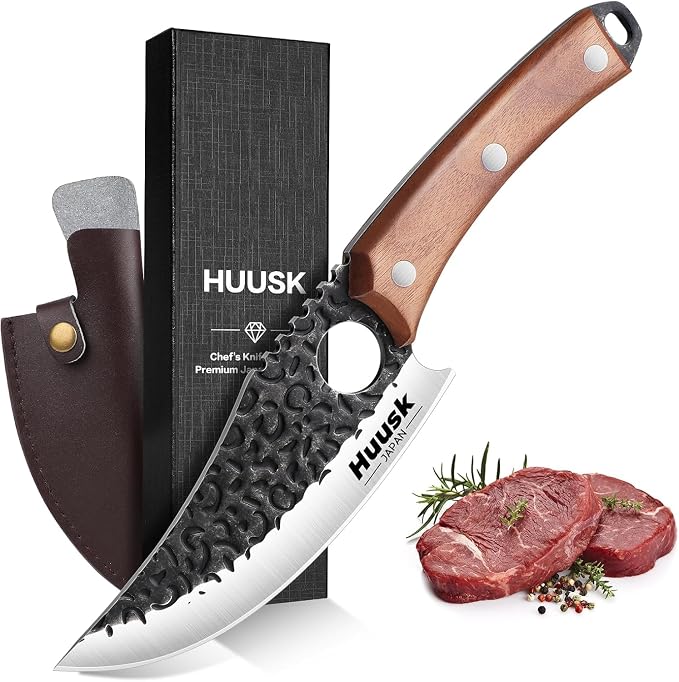 Huusk Viking Knife with Leather Sheath, Hand Forged Chef Butcher Knives | Razor-sharp Japanese Carbon Steel Meat Cutting Knife with Wood Handle for BBQ, Camping & Kitchen, Cooking Gifts for Men & Dad