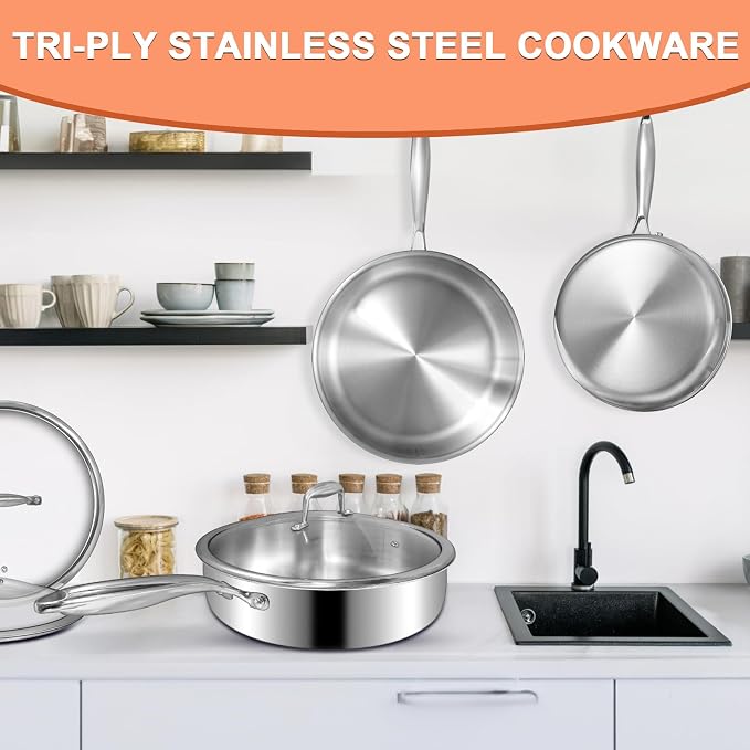 EWFEN 12 Inch Tri-Ply Stainless Steel Frying Pan, Compatible with All Cooktops Up to 600℉, Large Frying Pan with lids, Induction-Ready Skillet, Dishwasher and Oven Safe, Even Heat, 12" Saute Pan+Lid