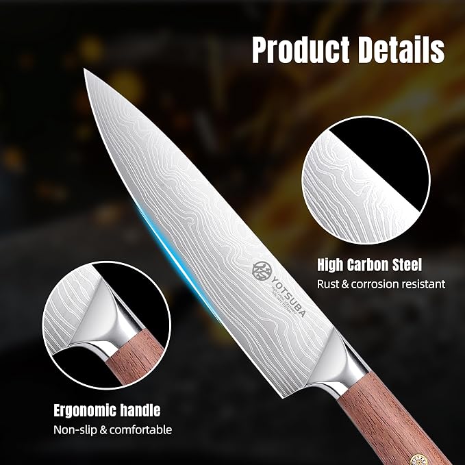 YOTSUBA 8 Inch Japanese Chef Knife, Ultra Sharp Professional Kitchen Knife, High Carbon Stainless Steel Knife with Ergonomic Wood Handle, Ideal for Home Cooking and Premium Gifting