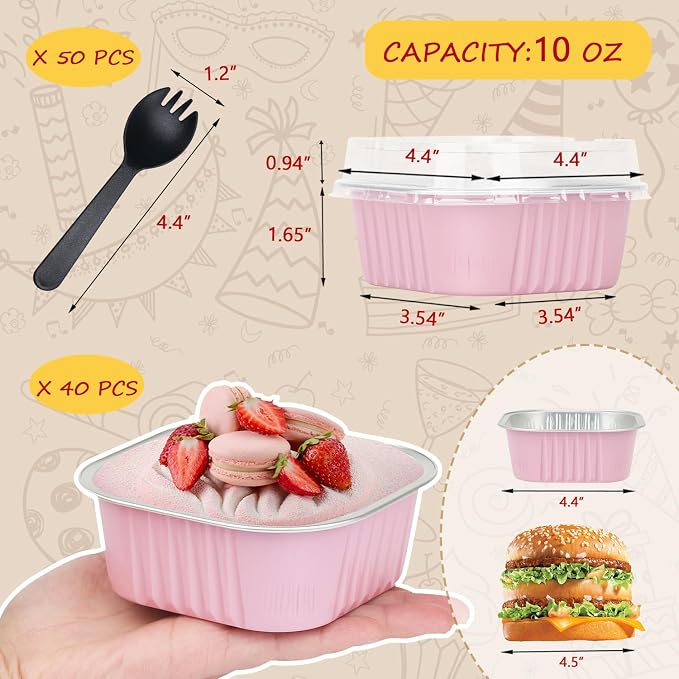LNYZQUS 10oz Mini Cake Pans with Lids, Small Cinnamon Roll Containers | 40 Pack, Individual, Pink, Disposable, Aluminum Foil, Square Baking Tins, 4 Inch Dessert Cups for Bake Sale Treats