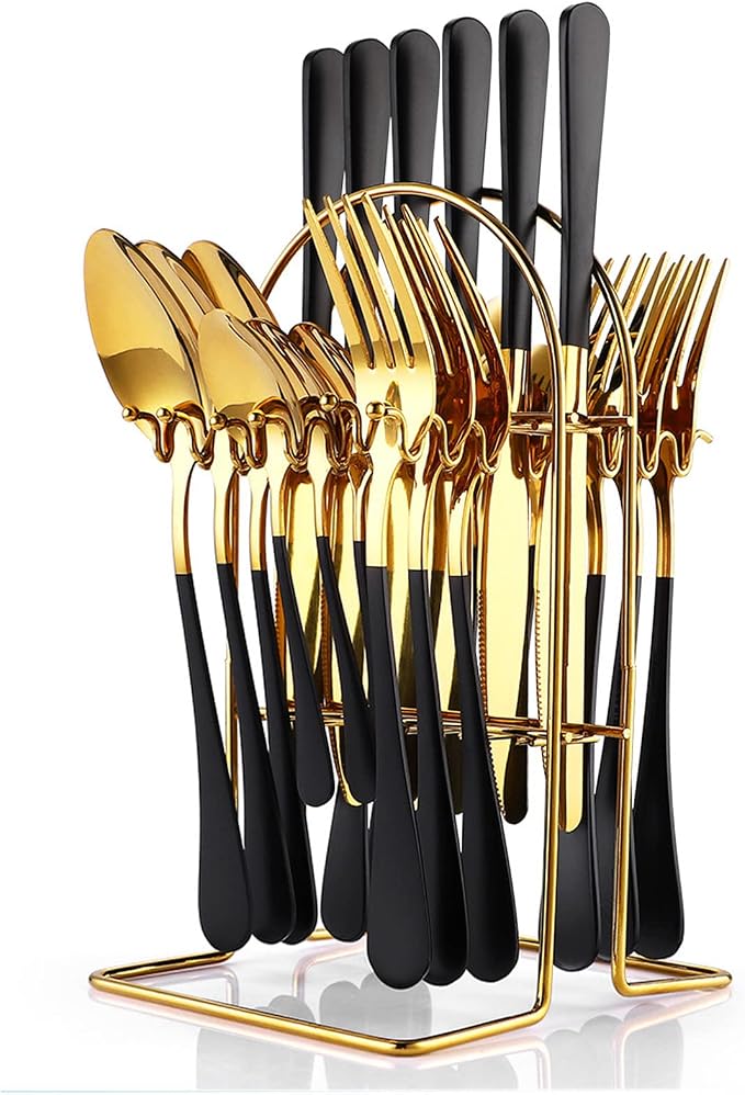 24 Pieces Flatware Set, Caliamary Stainless Steel Flatware Set with Silverware Holder Spoons Forks Knives,Utensils Set Service for 6,Gold Mirror Polished and Matte Pink Painted (Black)…