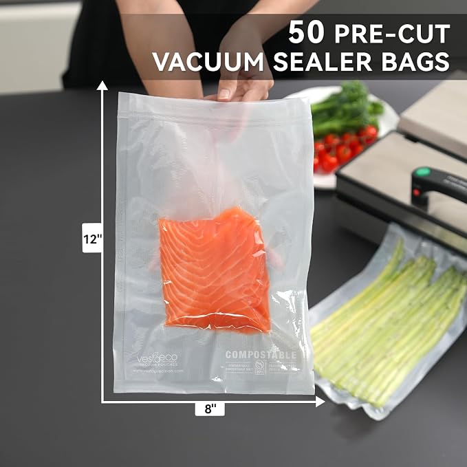 VestaEco Compostable Vacuum Sealer Bags for Food, 50 Quart 8" x 12" Precut | Heavy-Duty Embossed Vacuum Seal Bags for Food Saver, BPA-Free, for Storage, Meal Prep or Sous Vide