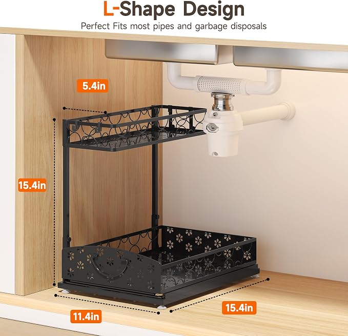 2-Pack 2-Tier Height Adjustable Under Sink Organizer & Storage | Multi-purpose storage for kitchen & bathroom cabinet. Extra Large metal shelf, height adjustable design for space-saving.