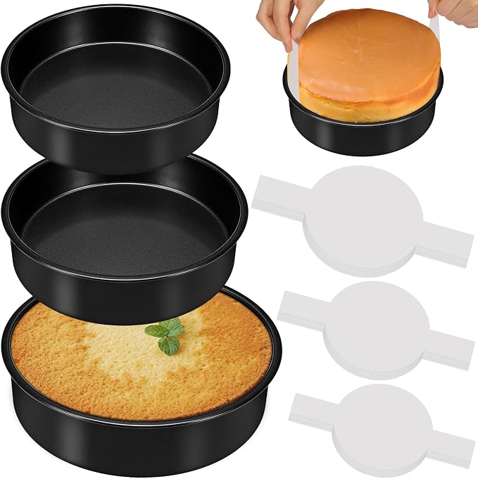 Round Cake Pans, 3PCS Circle Cake Pan with 90 Parchment Paper(6, 8, 10Inch) | Nonstick Cake Pan Set for Layer Cakes Deep-Dish Pizza, Cake Baking Pans for Christmas Birthday Thanksgiving, Dishwasher Safe