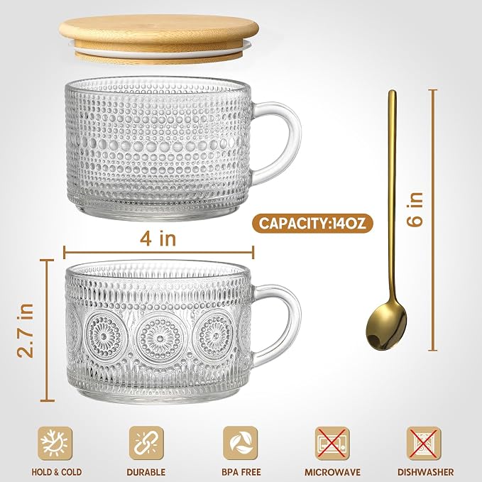LANDNEOO 12pcs Set Irish Coffee Glasses, Vintage Coffee Mugs, Overnight Oats Containers with Bamboo Lids and Spoons - 14oz Clear Embossed Glass Cups, Cute Coffee Bar Accessories, Iced Coffee Glasses