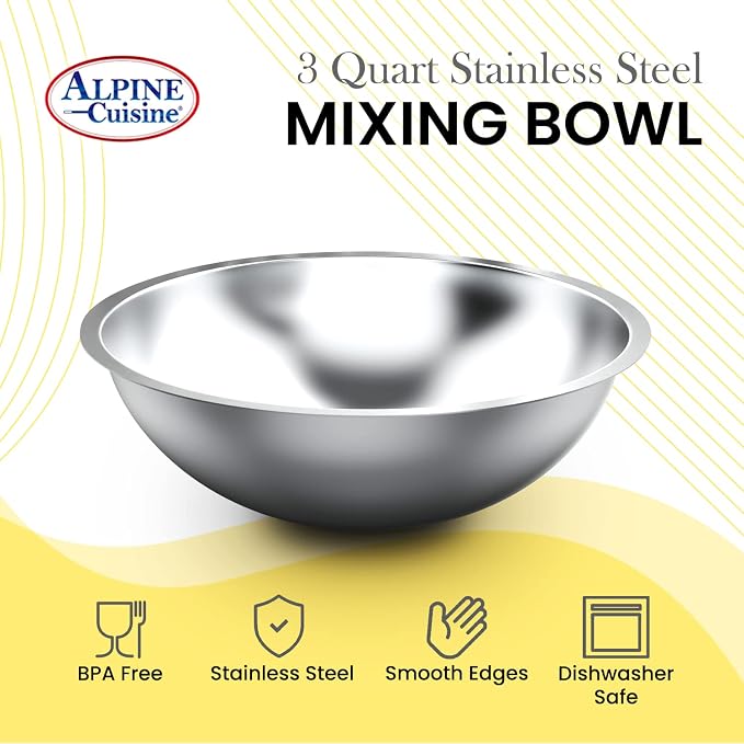 Alpine Cuisine 3-Quart Stainless Steel Kitchen Mixing Bowls, Salad Bowls Heavy Duty Deeper Edge, Dishwasher Safe Storage Bowls, Premium Polished Mirror Prep Bowls for Cooking & Serving