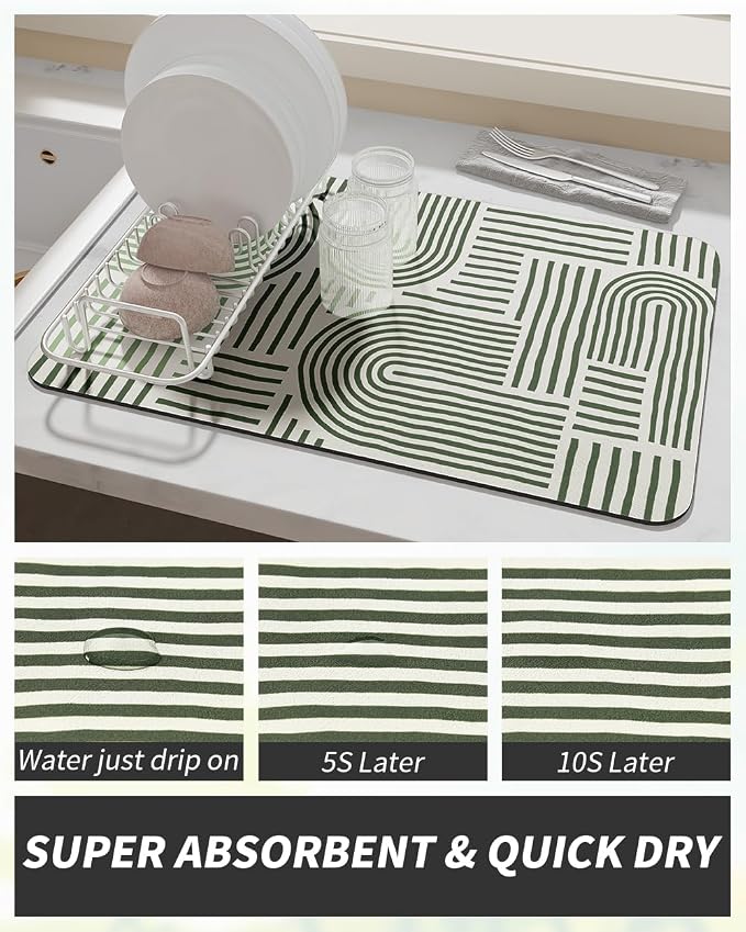 AMOAMI Coffee Mat Hide Stain Rubber Backed Absorbent Dish Drying Mat for Kitchen Counter - Fits Under Coffee Maker or Machine - Green Line 17x31.5