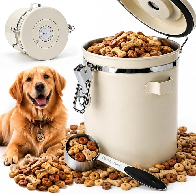 Dog Treat Container Airtight, 1.9 Qt 304 Stainless Steel Dog Treat Jar & Pet Treat Canister with Scoop, Date Dial, Locking Clamp, Silicone Seal for Dog Biscuits, Cookies, Training Snacks