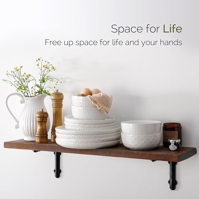 Stoneware Dinnerware Sets Service for 4, 12 pcs Reactive Glaze Plates and Bowls Sets, Embossed Boho Ceramic Dish Set, Highly Chip and Crack Resistant Farmhouse Plate Set, Ivory White
