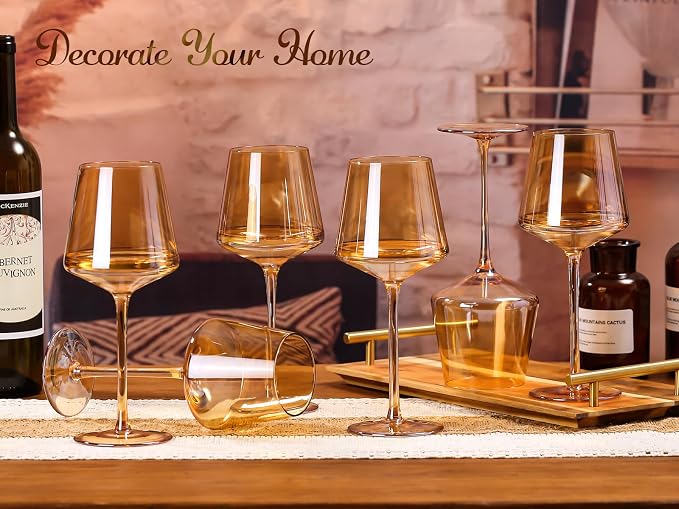 Physkoa Amber Colored Wine Glasses Set 6-16oz Stemmed Modern Amber Wine Glasses With Tall Long Stem and Flat Bottom,Light Brown Glassware for Home Decor