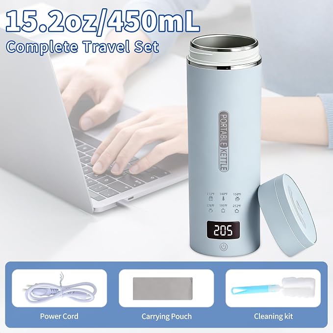 Blue Travel Electric Kettle, LCD Display with 6 Temperature Settings, 304 Stainless Steel, 450ml/15.2oz, Auto Shut-Off and Boil-Dry Protection, Compact Portable Electric Kettle