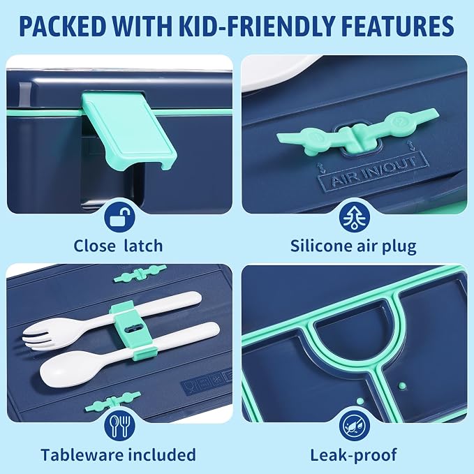 rockpapa Bento Box for Kids - Large 5.5 Cups Lunch Box with Utensils - 5 Compartments, BPA-Free, Leak Proof, Portable Handle for Boys Girls, Microwave/Dishwasher Safe (Blue Rocket)