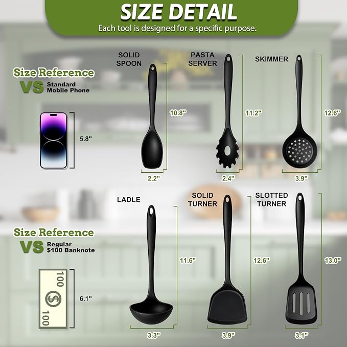 Thickened Silicone Kitchen Utensils Set, Upgrade 6 PCS Nonstick Cooking Utensils Set, Heat Resistant and BPA Free Silicone Utensil Spatula Set for Cooking with Turners, Spoon, Skimmer and Ladle(Black)
