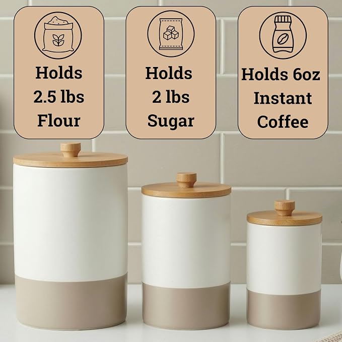 Ceramic Kitchen Canisters for Countertop Set of 3 w/Airtight Bamboo Lids | Thick Sturdy Ceramic, Matte Finish, Airtight Easy Open Bamboo Lids, Comfortable Bamboo Handles, Jar Volumes: 2, 1, 0.5 quarts